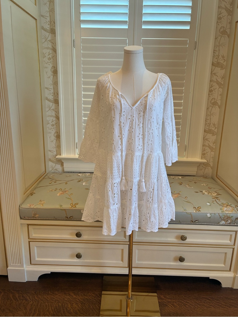 White Eyelet Tunic Dress - 3/4 Sleeve & V-Neck with Tassels